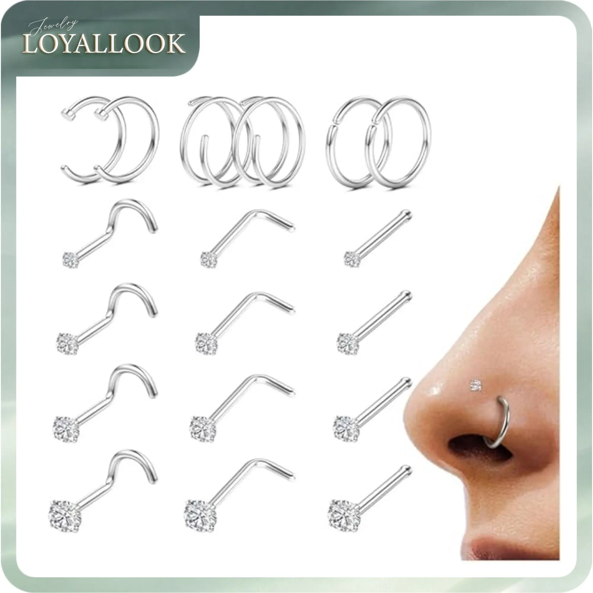 LOYALLOOK 18Pcs Nose Rings Studs - 316L Surgical Steel 14K Gold Plated Nose Studs Double Hoop Nose Ring for Women Men 18G/20G Nose Rings Stud Hypoallergenic Nose/Body Piercing Jewelry 1.5mm 2mm 2.5mm 3mm CZ