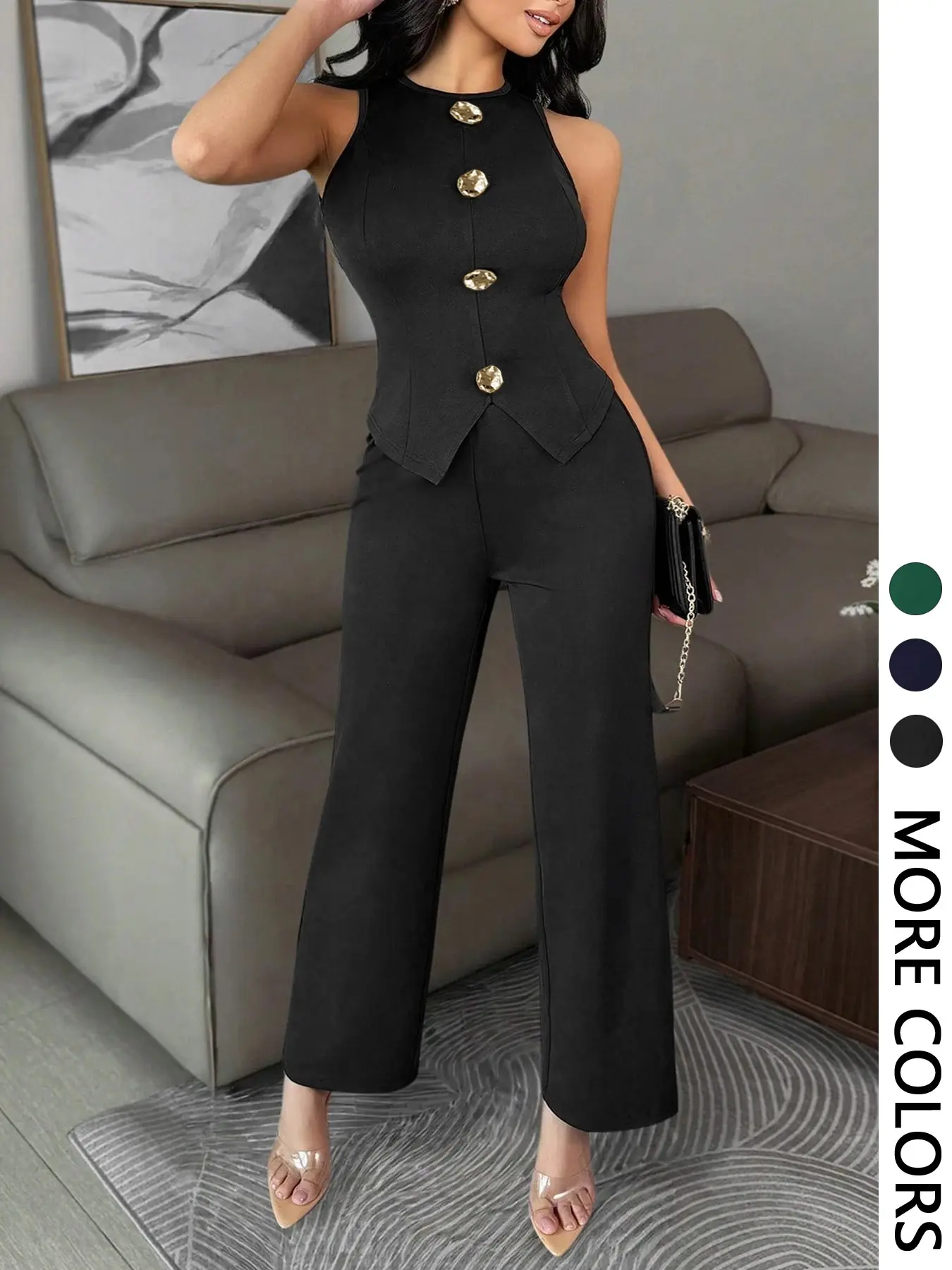 Women's  Sleeveless Tank Top & Wide-Leg Pants 2-Piece Set - Suits - Gold Button Accent Chic Elegant Formal/Cocktail Outfit Clothes