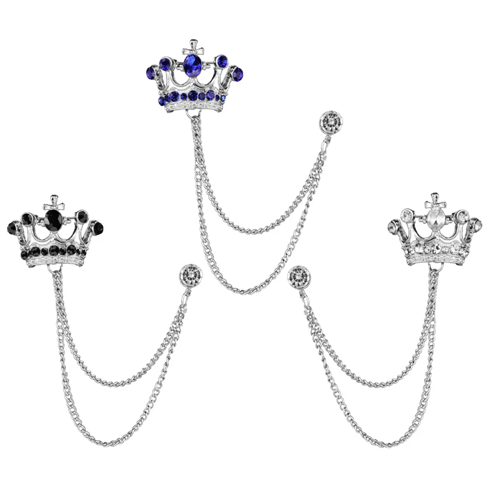 3pcs Men's Brooch Suit Pin Badge with Chains Women Brooch Lapel Pin Shirts Collar Chain Crown Layers Tassel Chain Suit Collar Shirt Studs Lapel Stick Crystal Jewelry Accessories Shirt Decoration Party Dressing Supplies Birthday Present