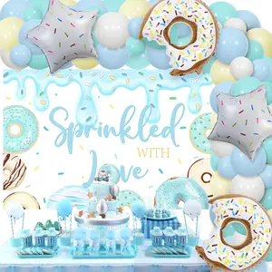 Donut Sprinkle Baby Shower Decorations Boy - Blue Sprinkled With Love Decorations With Backdrop Teal Balloon Garland Arch KitStars Donuts Foil Balloons For Baby Shower Party Supplies