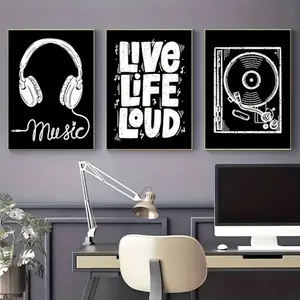 3pcs Wooden Frame Music Poster Set, Microphone Headphones Wall Art Decor, Modern Cool Design, Modern Home Decor, Unique Singer Gift for Studio Bedroom Home Decoration
