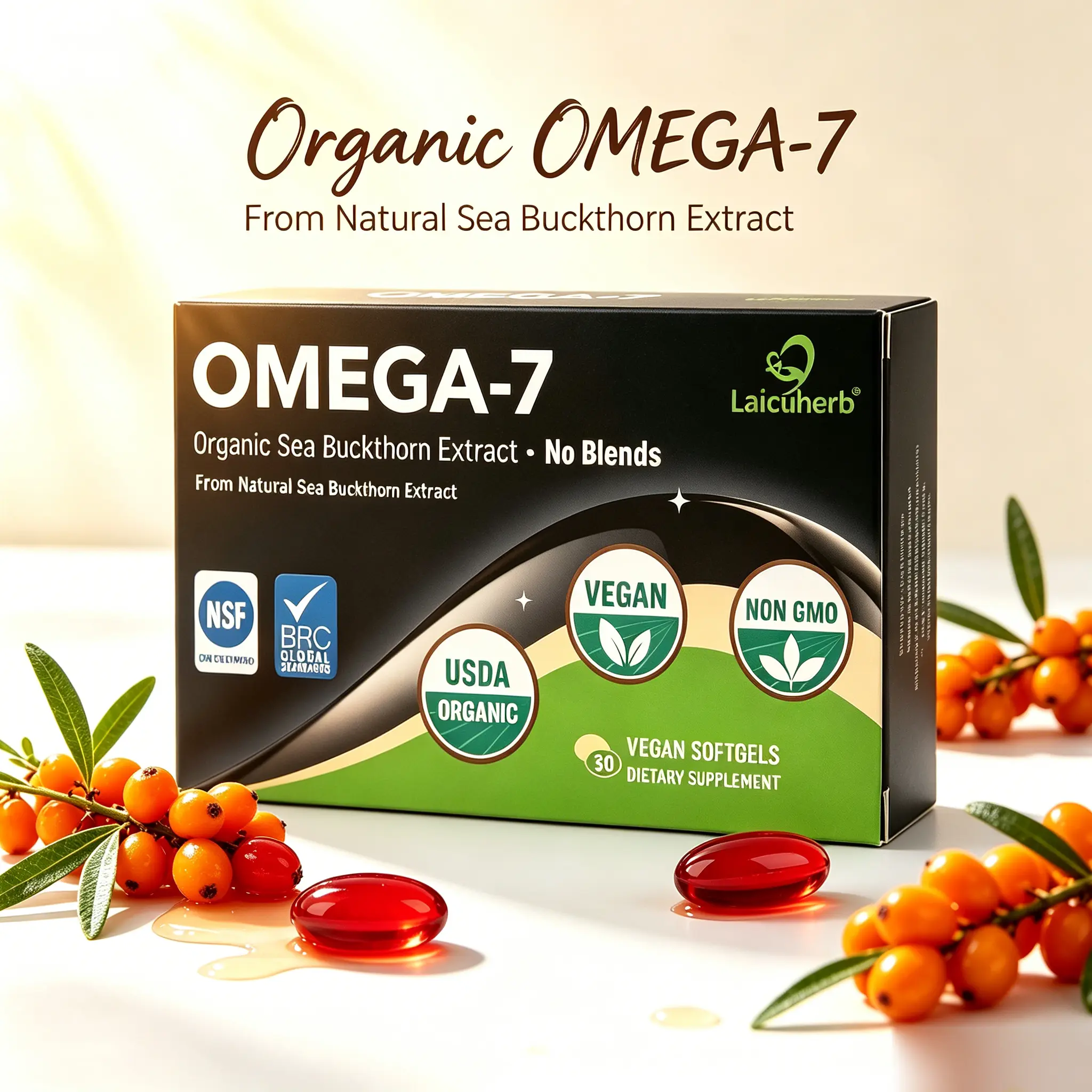 Organic Sea Buckthorn Oil Softgels with Omega-7 324mg, Vegan Omega 7 Supplement, Plant-Based Source of Omega 3 6 9, USDA Organic, Non-GMO, 30 Softgels