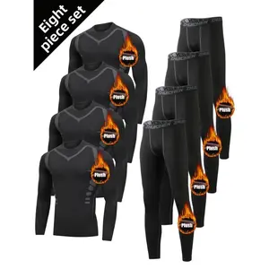 8pcs Set Men's Thermal Underwear with Plush Lining, Moisture-Wicking Long Sleeve Top & Legging Suit for Fall/Winter Sports, Tight-Fit Athletic Base Layer Running, Gym, Cycling, Hiking, Skiing And Casual WearGift