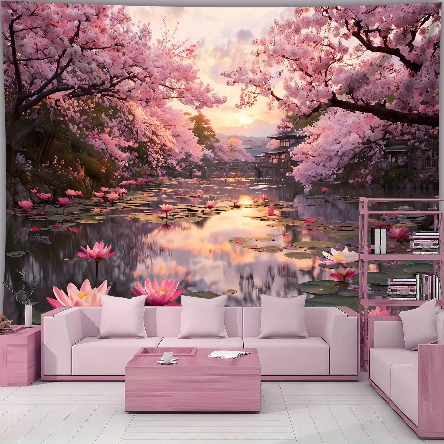 1pc Aesthetic Sunset Scene Cherry Blossom Lake Landscape Tapestry - 1-Piece Ultra-Large HD Print Polyester Wall Decor, Free Hanging Clips, for Living Room Bedroom, Gift Ideas, Party Decor