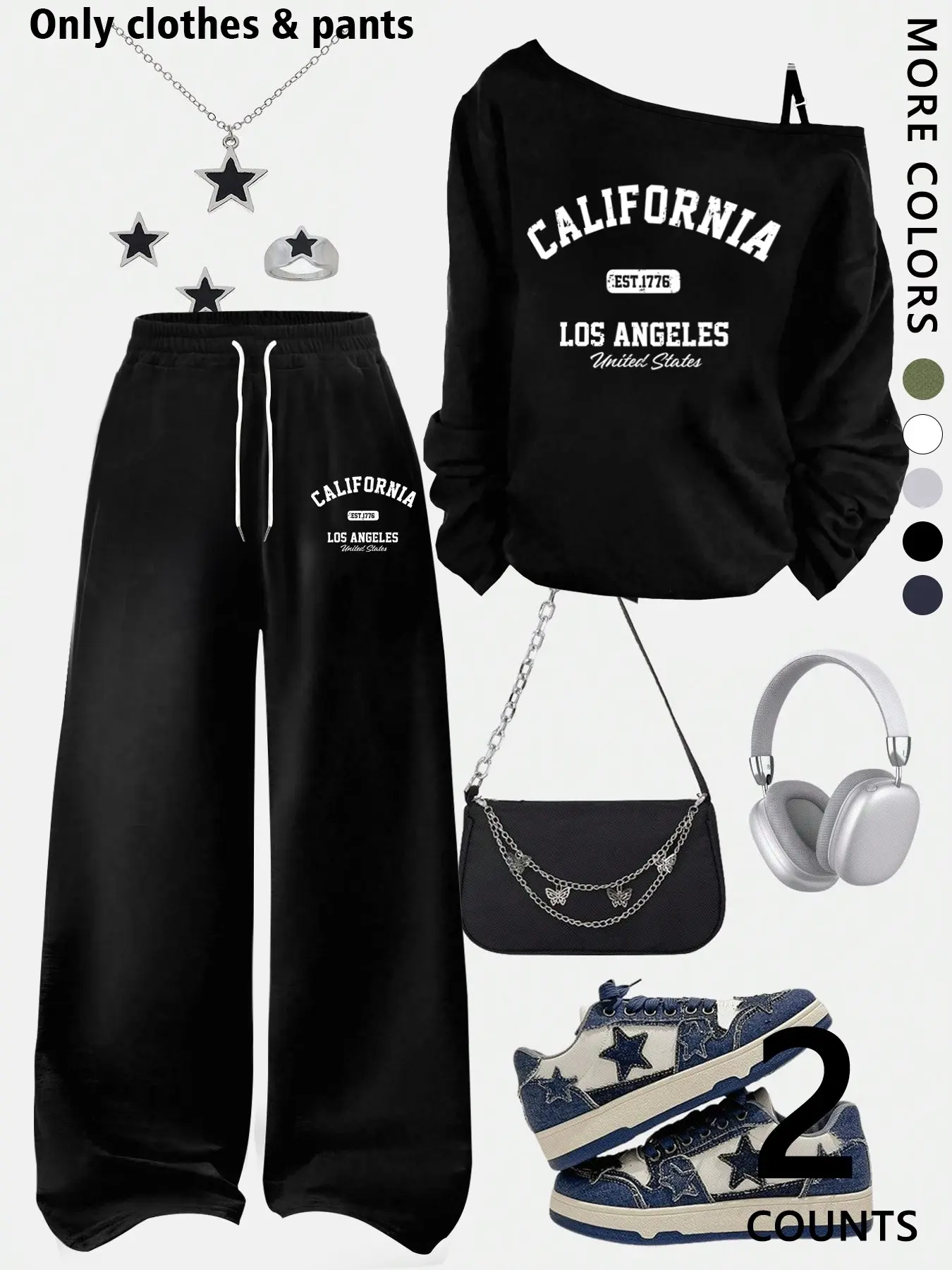 A teenage girl's off-shoulder top and wide-leg casual pants; a loose-fitting, oversized casual long-sleeved top with a Graphic print paired with loose-fitting Adjustable drawstring trousers; soft, suitable for women, and versatile.