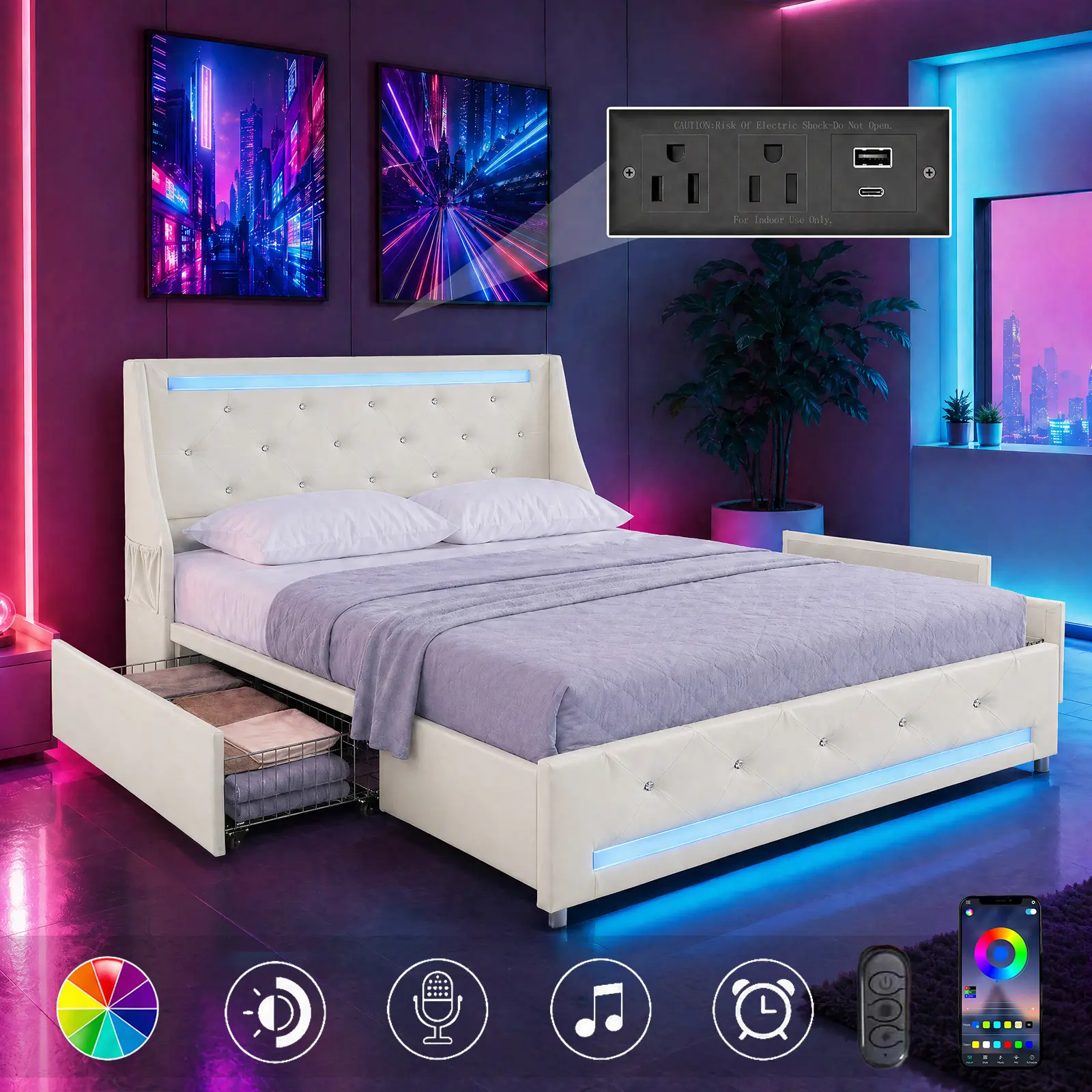 Queen Size Bed Frame with Wingback Headboard & 2 Storage Drawers, LED Lights & Charging Station, Upholstered Diamond Tufted Platform Bed, Metal Slats Support, No Box Spring Needed, Easy Assembly, White&Black, modern