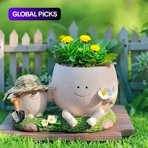 Smiley Face Head Planter Pot, Resin Succulent Flower Pot with Straw Hat and Chair for Desk Setup Makeover and Cozy Room Decor, Aesthetic Modern Home Desktop Ornament Plant Mom Gift Ideas,mini garden,tabletop garden,Patio garden