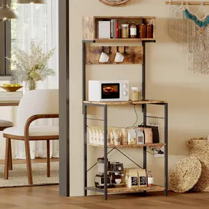 Garvee - Kitchen Bakers Rack with Power Outlet, Microwave Stand, 4-Tier Coffee Station, Kitchen Storage Shelf with 10 S-Hooks, Rack