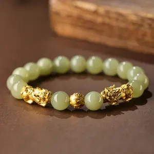 Yellow gold Pixiu  Hetian jade jewelry couple Pixiu clear water  girlfriend gift, free shipping only, eve valentines day gift. energy magnet bracelet promise practical christmas party sophisticated birthday men's cute Plated Hypoallergenic