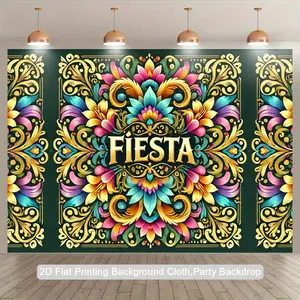 2D Flat, 1pc Vibrant Spanish Fiesta Indian Saree-Inspired Floral Tapestry Background - Turquoise Green & Golden Greek Key Border 2D Flat Banner for Indian Wedding, Birthday Party Decor, 2D Flat, Peel And Stick Backsplash, Happy New Year Banner,