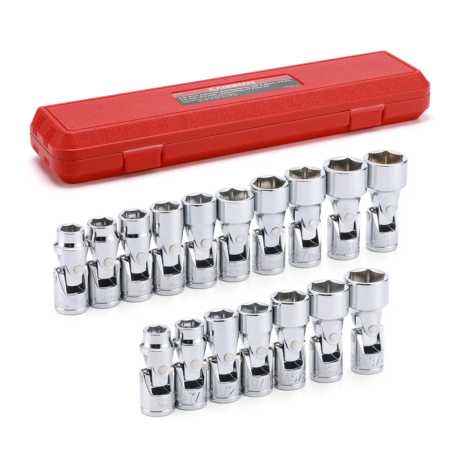 CASOMAN 17PCS 3/8" Drive Universal Flex Socket Set - Heavy Duty CR-V 6-Point Work Tools, SAE 3/8"-3/4", Metric 10mm-19mm, 360-Degree Swivel Head Socket Wrenches