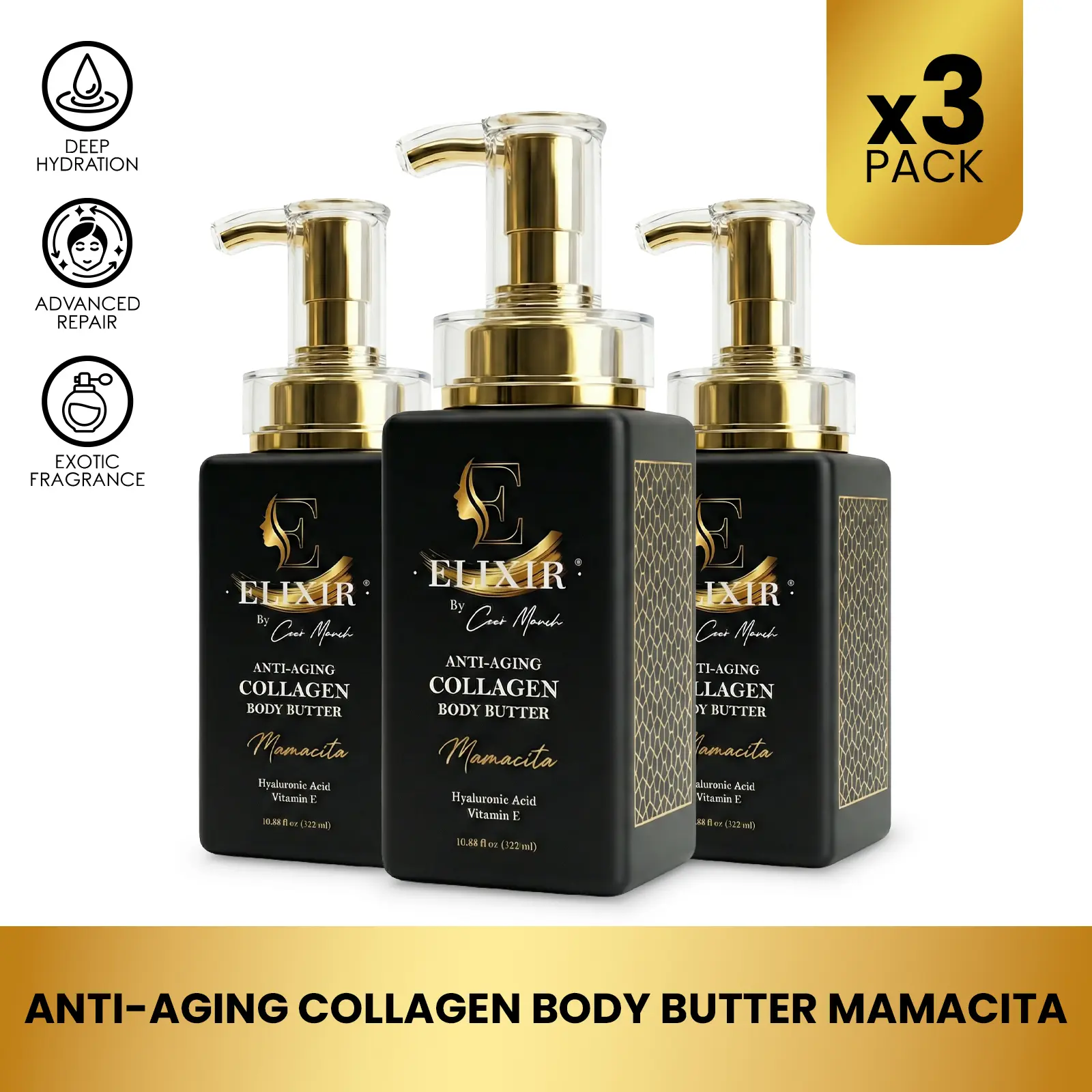 3 Bottles of Elixir by Cocó March Mamacita Body Butter Cream, Moisturizing Body Lotion for All Skin Types - 8.5 fl oz (250ml) Hydrating Skin Care