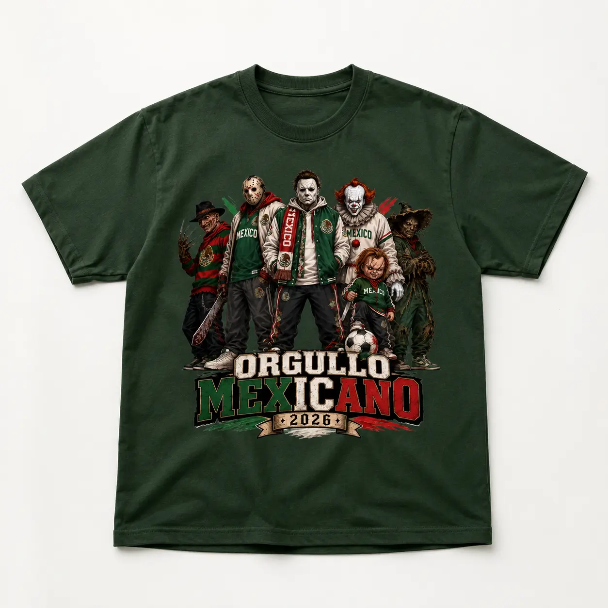 Orgullo Mexicano 2026 Horror T-Shirt, Mexico Pride Soccer Fan Graphic Tee, Mexican Football Supporter Shirt, Horror Movie Mashup Tee, Vintage Halloween Graphic T-Shirt