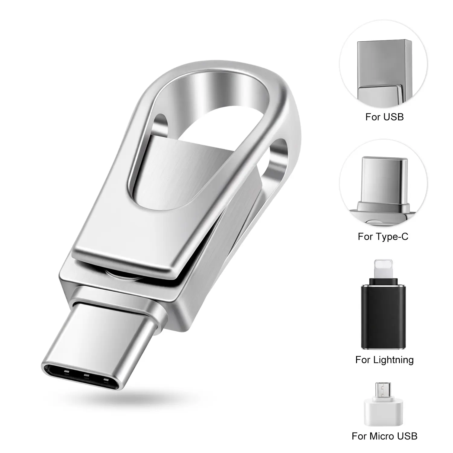 64GB/128GB/256GB 2-in-1 USB 2.0 Flash Drive, Dual USB-C and USB-A OTG Memory Stick with Lightning and Micro USB Adapters for iPhone, iPad, Android Phones, Tablets, MacBook and PC