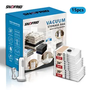 【DealsForYouDays】Snofrid Cordless Travel Vacuum Storage Compression Bag Set – 15-Pack in 3 Sizes – USB Rechargeable Handheld Pump with Built-In Battery – Waterproof & Reusable Space Saver for Clothes & Packing, Perfect for Carry-On Suitcases