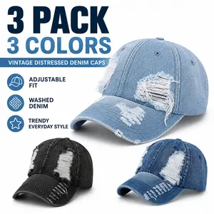 3pcs Distressed Denim Baseball Cap Vintage Washed Jean Dad Hat Adjustable Streetwear Fashion Cap for Women Men cap