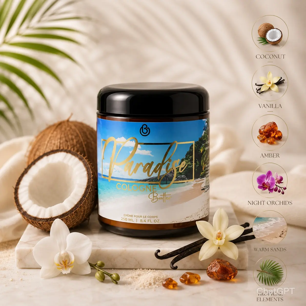 PARADISE – Luxury Fragrance Body Butter | Coconut, Vanilla & Amber Cologne Scent Hydrating Skin Butter | Cologne Butter