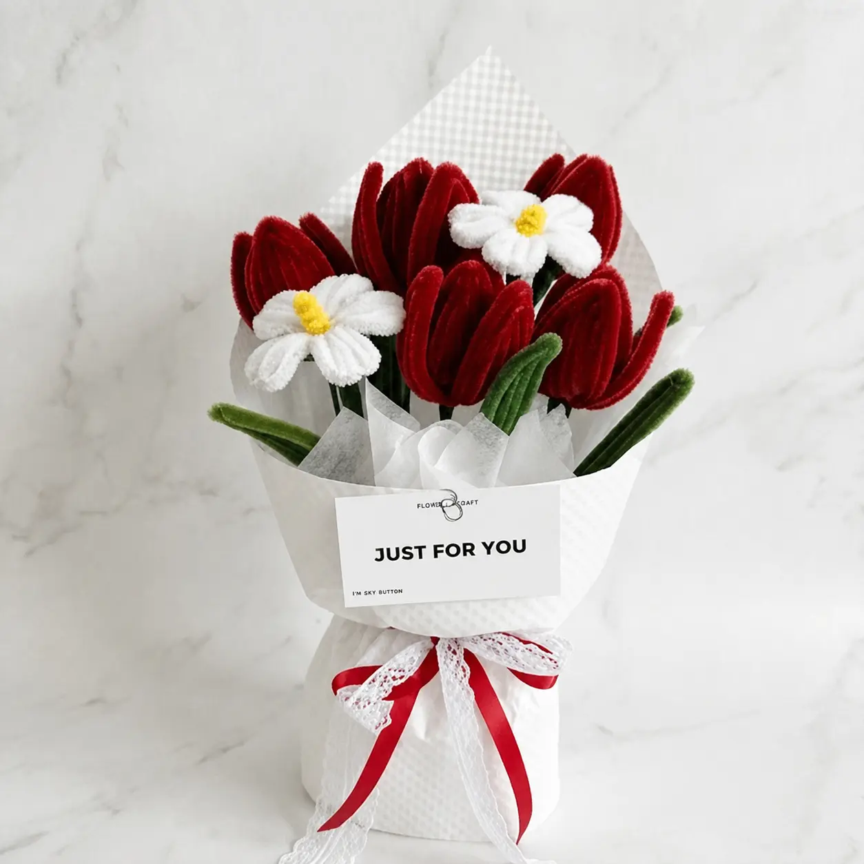 Handmade Decorative Pipe Cleaner Flower Bouquet, girlfriend,birthday,girl,gift,back to school gift,bouquet- 5 Deep Red Tulips, 2 White Daisies, Lace Ribbon, Gift Wrap, Room Decor, Anniversary Gift, Never Wilt Artificial Floral Decor