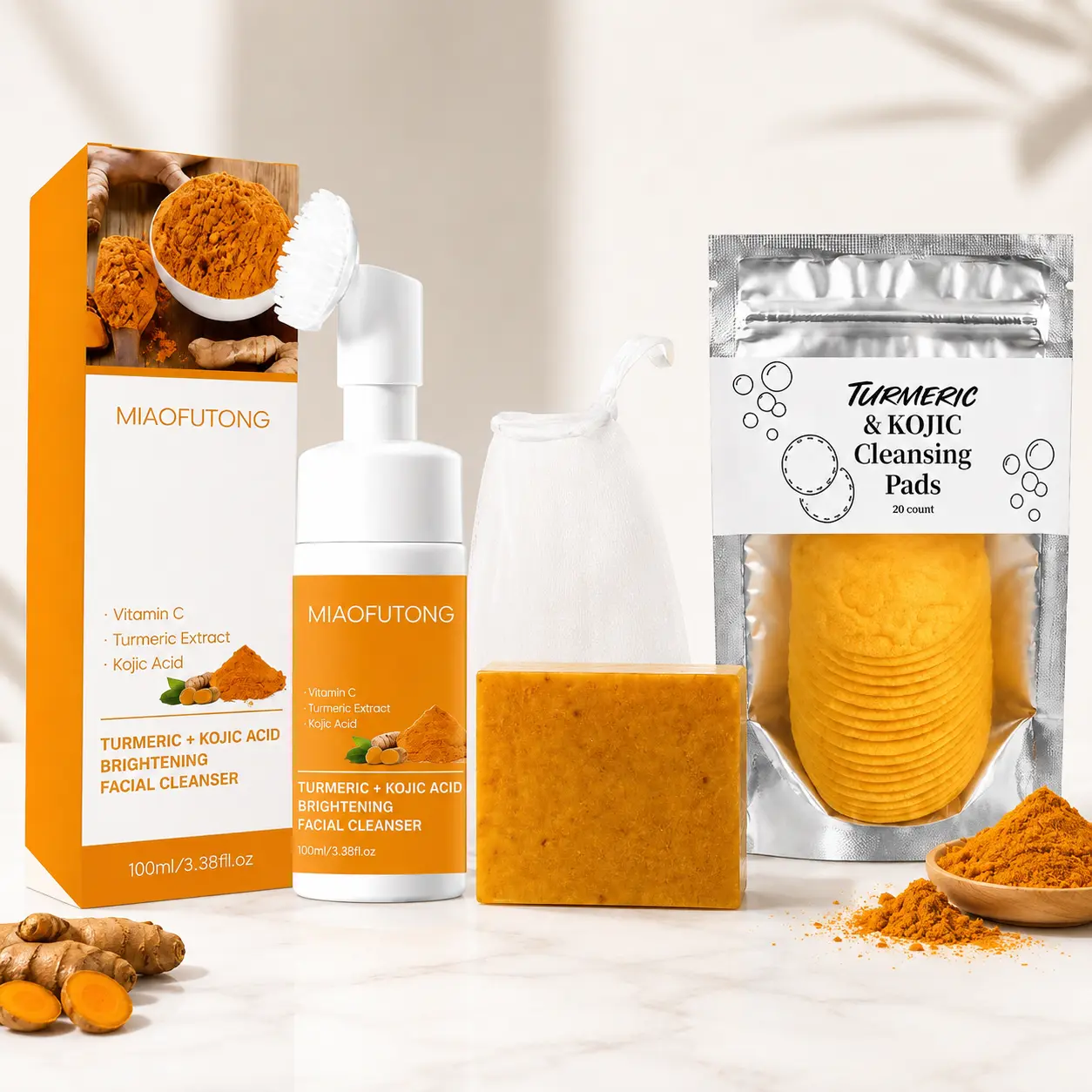 Turmeric & Kojic Acid Facial Cleansing Set, Foaming Face Wash, Cleansing Soap, 20 Cleansing Pads & Foaming Pouch for Daily Skin Care