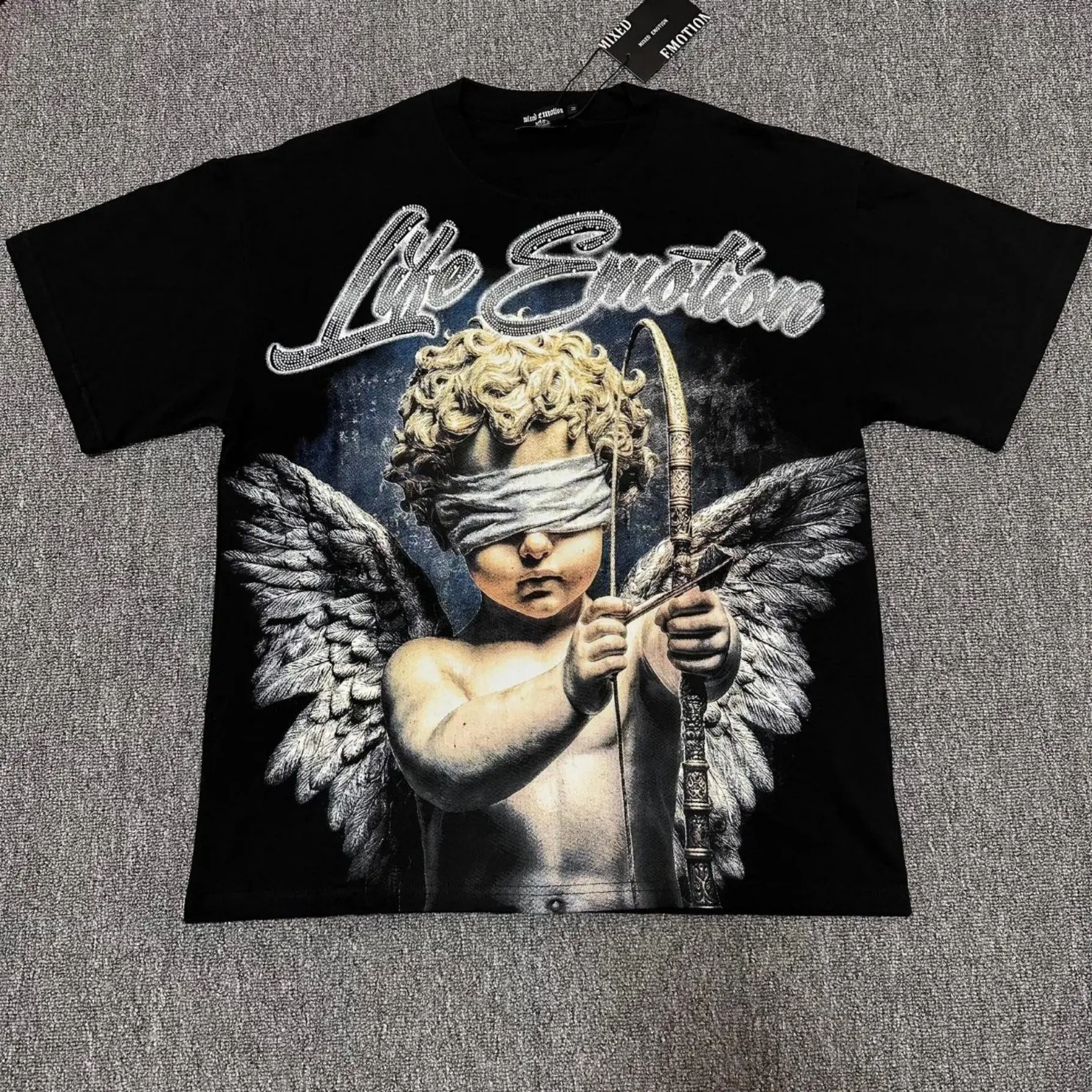 Mixed Emotion Mens Y2K Gothic Blindfold Cupid Angel Rhinestone Graphic Tee Black Heavyweight Cotton Oversized Streetwear Hip Hop Summer Short Sleeve Top Gift