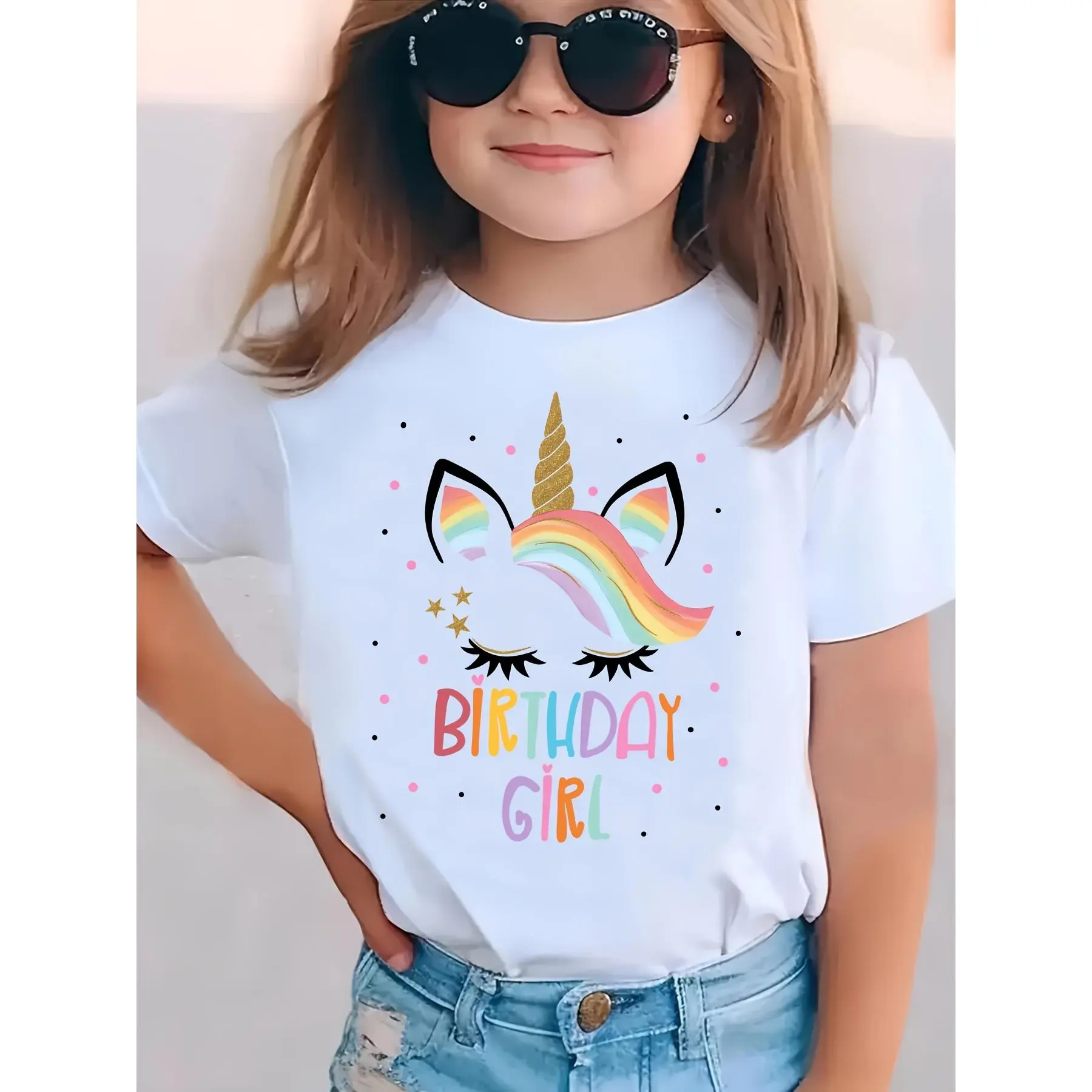 Girls' Summer Birthday T-Shirt - Short Sleeve Casual Top with Unicorn & Rainbow Cartoon Print, Soft Stretchy Knit Fabric, Round Neck, Fun Birthday Girl Design for Kids, Birthday Girl Shirt, Kids Birthday Apparel, Playful Kids Fashion, Comfortable Fit