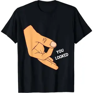 HOT SALE Unisex Short-Sleeve Round Neck T-Shirt, Vintage "You Looked Made You Look" Circle Finger Game Ok Hand Prank Print, On-Demand Streetwear Summer Casual Sports Top, Tshirt, Casual Sports Tops