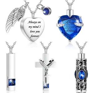 5 Pcs Urn Necklace for Ashes Cremation Jewelry Necklace Set for Ashes Memorial Keepsake Heart Cross Cubic Stainless Steel Urn Jewelry for Loved One or Pet Women Men, 5 Styles