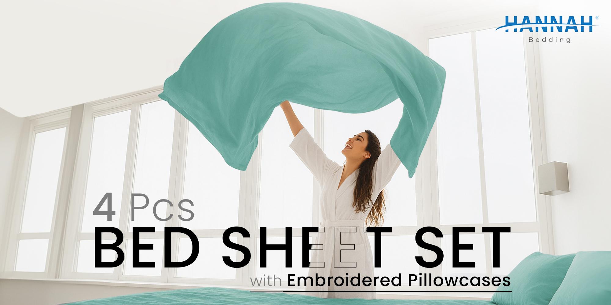 Hannah Bedding 4-Pc Solid Bed Sheet Set – Brushed Microfiber Luxury Bedding,16" Deep Pocket Fitted Sheets & Embroidered Pillowcases, Fade & Wrinkle Resistant, All-Season Soft & Cozy Sheets – Premium Quality Bedding Set