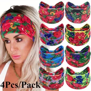 4Pcs/Pack Bohemian Ethnic Colorful Flower Print Sports Headband, Wide Edge Knotted Elastic Sweat Absorbing Hair Accessory, Versatile Daily Casual Sports Outfit Headwear
