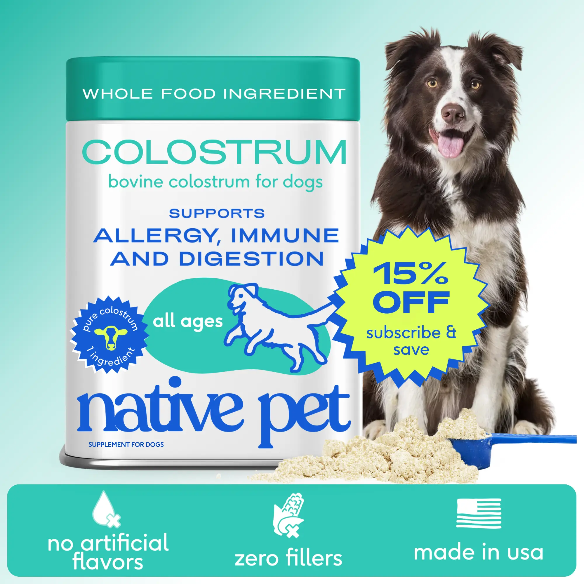 Native Pet Colostrum for Dogs – Bovine Colostrum Powder – Allergy Relief, Immune Support & Itchy Skin Treatment – Dog Multivitamins for Skin & Gut Health – Puppy Milk Replacement & Prebiotic Boost Immunity