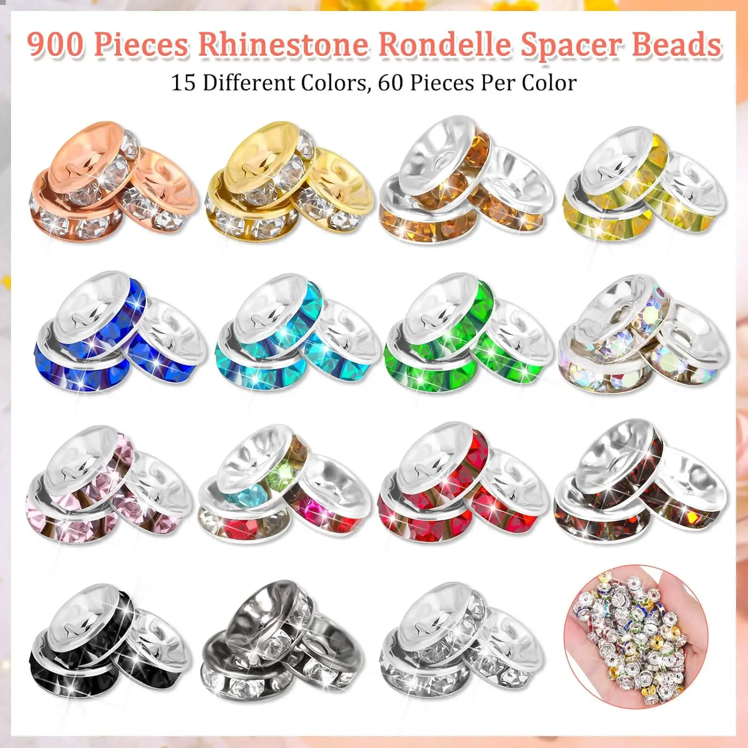 900Pcs Rondelle Spacer Beads for Jewelry Making 8mm Rhinestone Crystal Bead Spacers for Bracelets Focal Beads for Pen Crafting Kitchen Utensils Decoration Items
