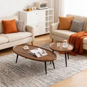 Set of 2 Walnut Nesting Coffee Tables, Mid Century Modern Sofa Side Tables, Space-Saving End Tables for Apartment & Living Room