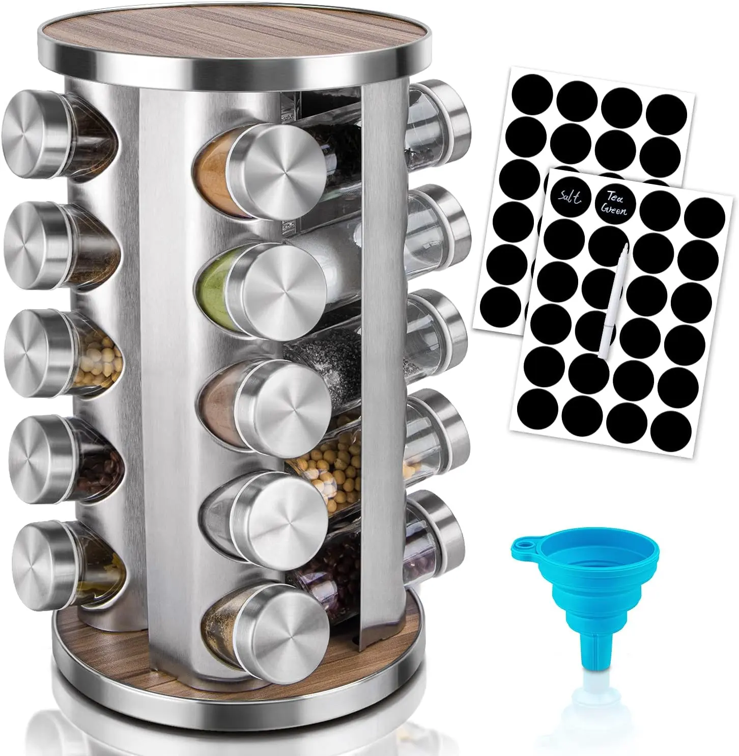 360-Degree Rotating Stainless Steel Spice Rack Organizer with 20 Pcs Jars, Kitchen Storage for Cabinet and Countertop