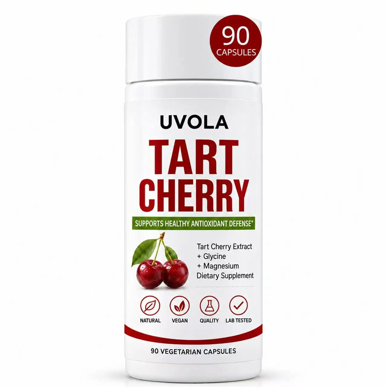 UVOLA Tart Cherry Capsules, Extracto Puro De Cereza ácida with Magnesio, Glicina, Antocianinas, 90 Count
