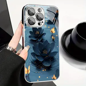Simple Art Blue Lotus Design Electroplated Glass Phone Case,for iPhone 17 Pro Max Phone Case 17 Air 16E 16 Pro Max 15 Pro Max 15 Plus 14 Plus 13 12 11 Phone Cases,Samsung Galaxy S25 Ultra S22 S23 FE S24 Plus A14 A15 A16 A35 A36 A54 A56 Note 20 Ultra