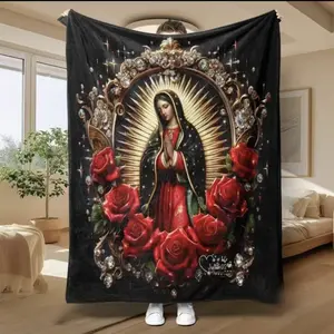 Guadalupe Virgin Rose Luxurious Religious Aesthetic Flannel Rose Bouquet Blanket, Warm Cover for Friends and Family, Home Decor, Travel and Camping