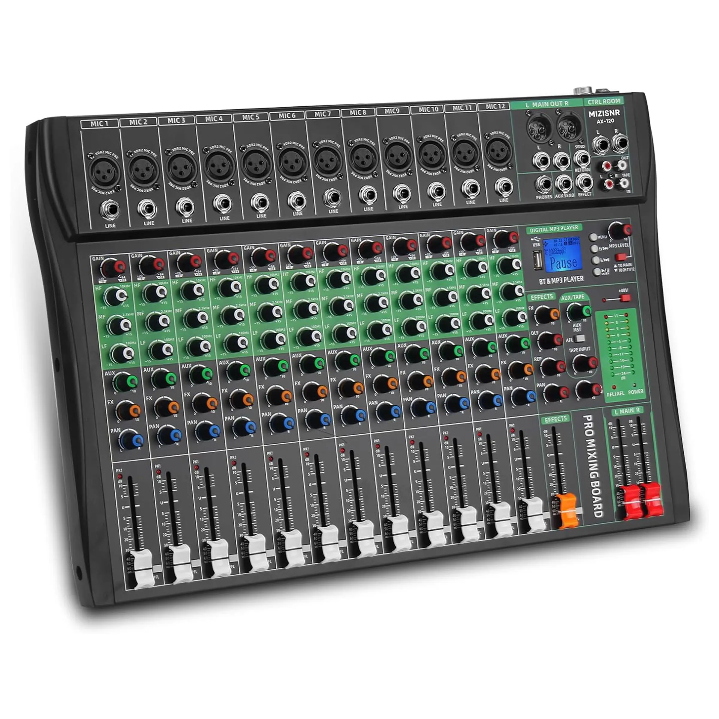 12-Channel Professional Compact Pre-Built Wired Live Audio Mixer - 48V Phantom Power, 110V, Bluetooth Playback, MP3 Support, USB Port, LCD, LED Display, Mobile Mini Console, Noise Reduction for Smartphone Streaming & Recording