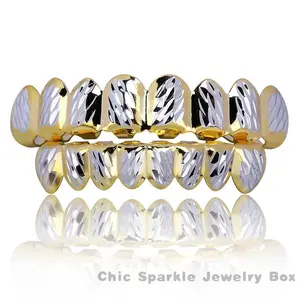 SM18K Gold Plated Ice Crystal Gold Dentures - 8 Upper & 8 Lower Teeth, Hip Hop Rapper Costume Grillz  Oral Silicone