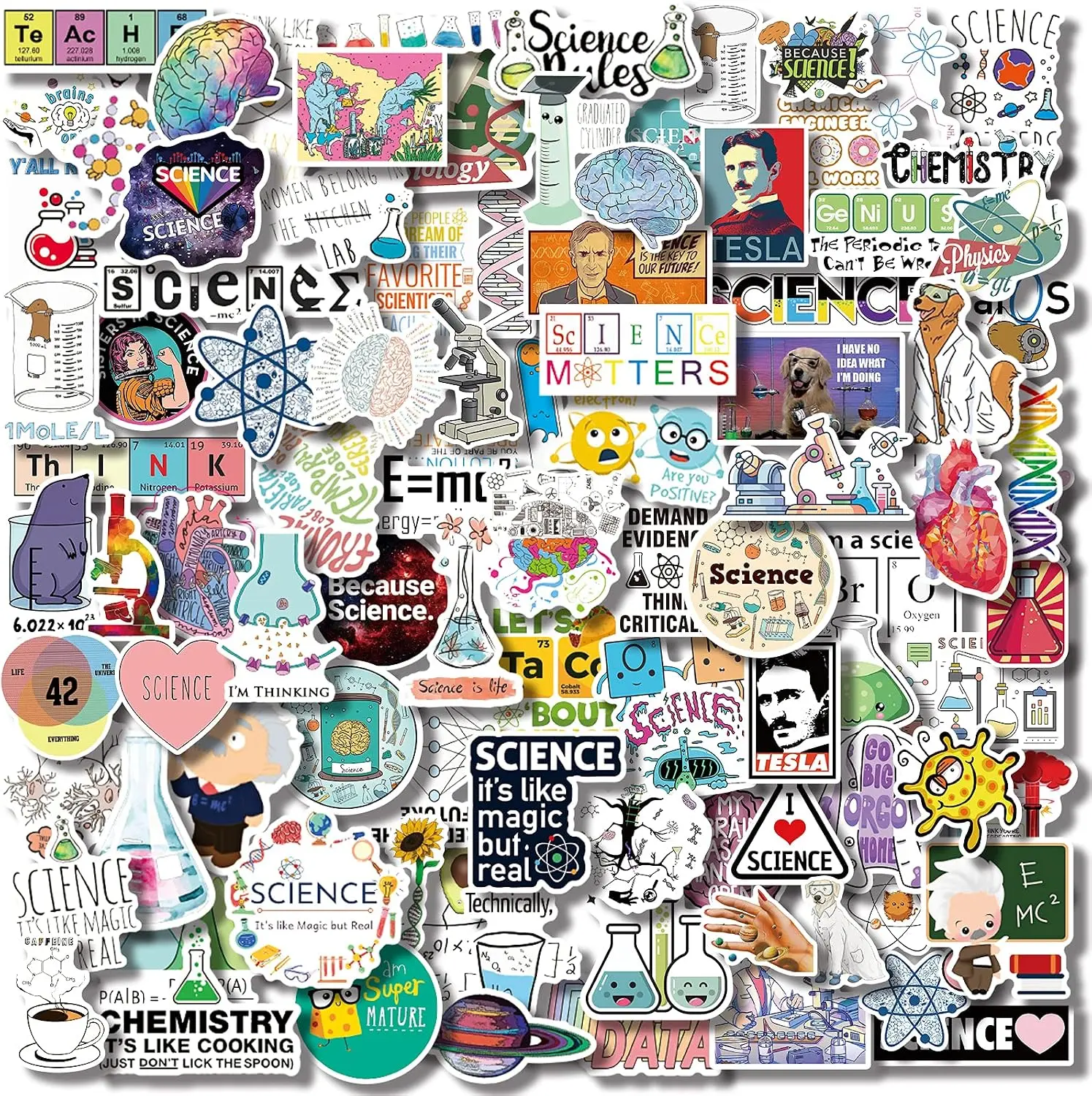 100-Piece Natural Science Sticker Set, Waterproof Vinyl Removable Decals for Students with Physics, Chemistry, Biology Topics, Decor for Laptop, Water Bottle, Science Topics