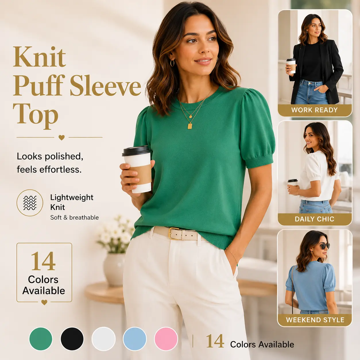 OFEEFAN Women's Puff Short Sleeve 2025 Spring Summer Sweater - Lightweight Knit Top - Business Casual Blouse, Soft & Breathable for Layering OFEEFAN Women's Puff Short Sleeve 2025 Spring Summer Sweater - Lightweight Knit Top - Business Casual Blouse, Soft & Breathable for Layering