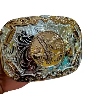 Centenario Belt Buckle Faux Mexican Peso Design with Central Emblem, Cushion shape  Style, and Decorative Elements, Unisex, Metal, 4.5 x 3.5 Inches