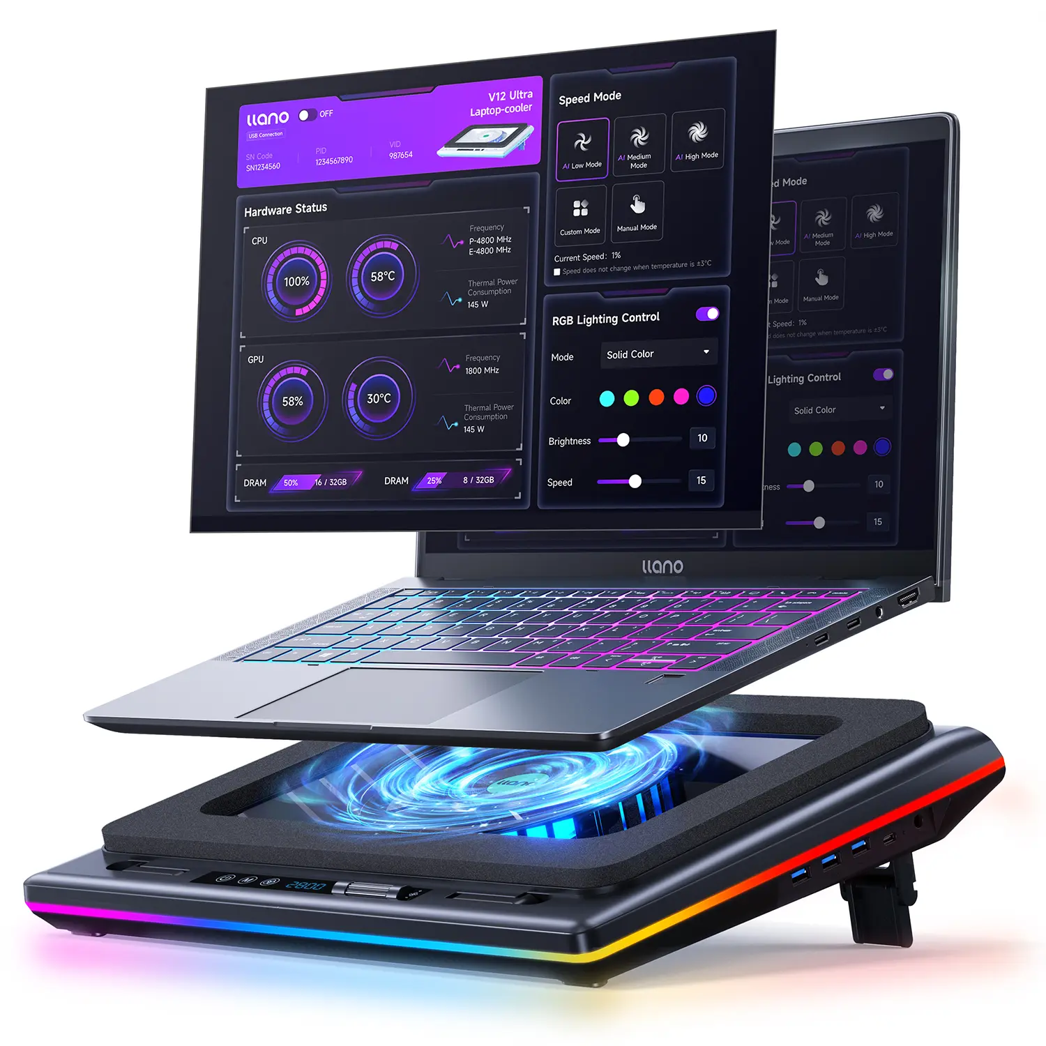 2025 llano V12 Ultra Laptop Cooling Pad with Smart Software Control, RGB Gaming Laptop Fan Cooler Stand, 5.5" Turbo Fan, Adjustable Speed, 3*USB 3.0 Ports, 3 Height Stands, for 15.6"-21" Laptops