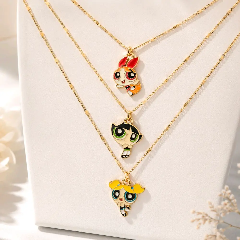 Cartoon Girls Stainless Steel Necklace for Girls & Women Fashionable Accessory Featuring Blossom Bubbles & Buttercup Characters Perfect Gift Jewelry