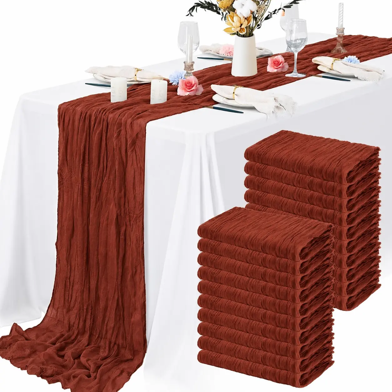 10 Pack Terracotta Table Runner， Cheesecloth 17x 108 inch 9FT Long Boho Cheese Cloth Gauze Table Runners Semi Sheer Table Runner for  Wedding Decor