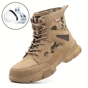 [Heavy-Duty | Steel Toe] Puncture-Resistant, Indestructible Men's Heavy-Duty Steel Toe Work Boots | Air Cushion Sole for Industrial & Outdoor Use | Beige/Light Brown Boy Closed