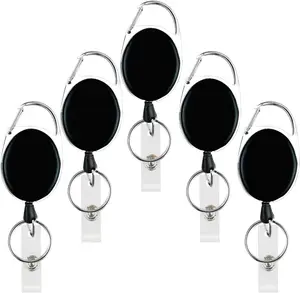 5 Pack Heavy Duty Retractable Badge Reel Id Card Holder with Clip and Key Ring Carabiner Keychain with Belt Clip Black Vertical Reels Holders for Nurse Doctor Office Worker Specialist Clear Name
