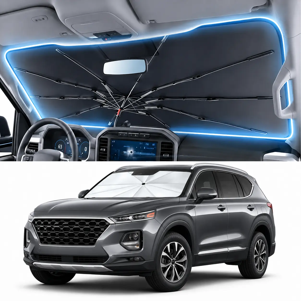 Upgraded Car Windshield Sun Shade Umbrella for SUV Truck Sedan, Foldable Front Window Sunshade Heat Blocker UV Protection Interior Cooling Cover