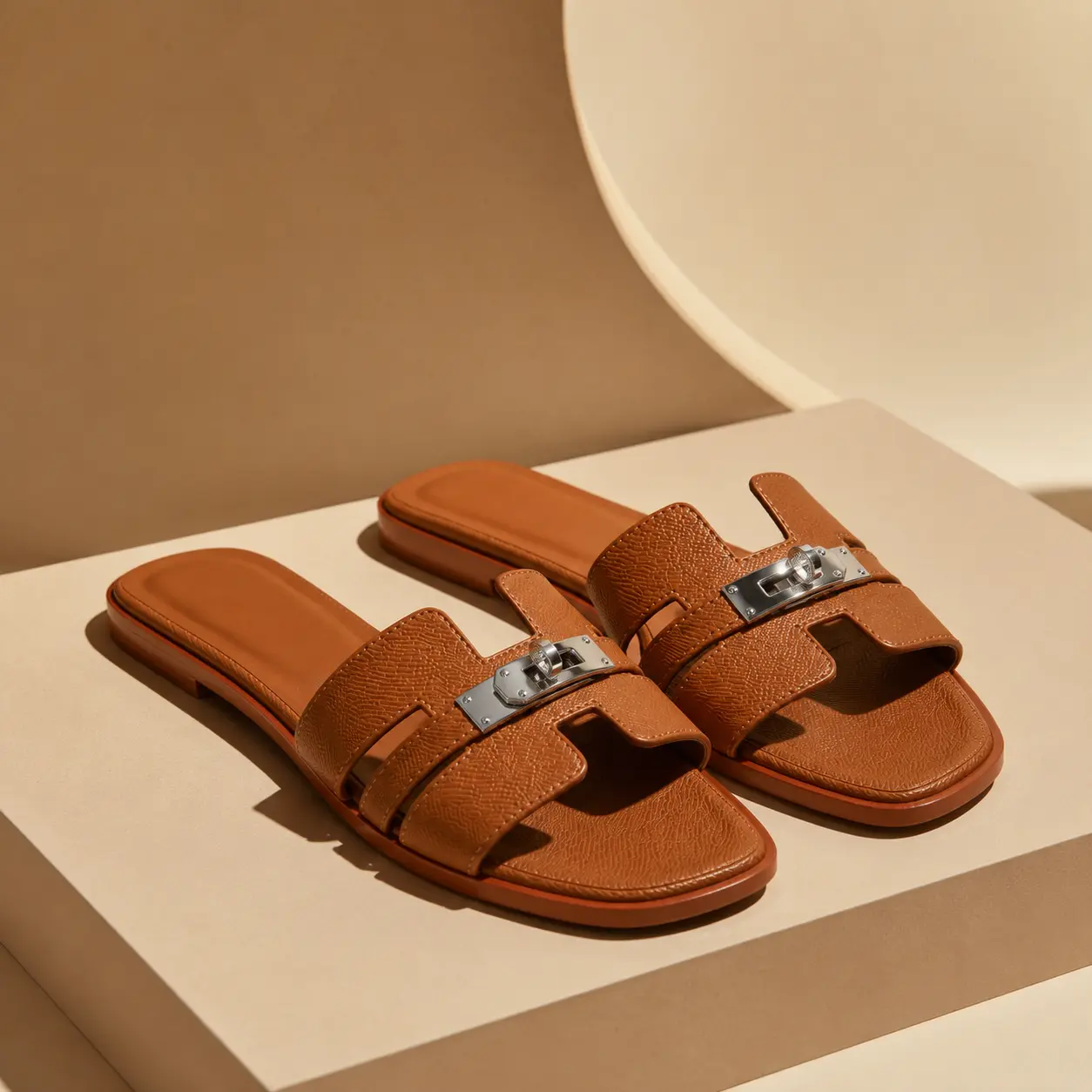 Elegant Brown Leather Slippers with Silver Buckle Design for Women's Comfortable Footwear Flat Summer Pedal Tsinelas Kitchen Weight