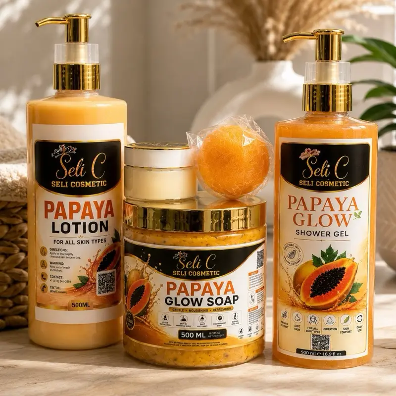 Super Métissée Papaya Glow Collection Brightening Set for Melanin Skin | Body Wash, Glow Soap & Body Lotion