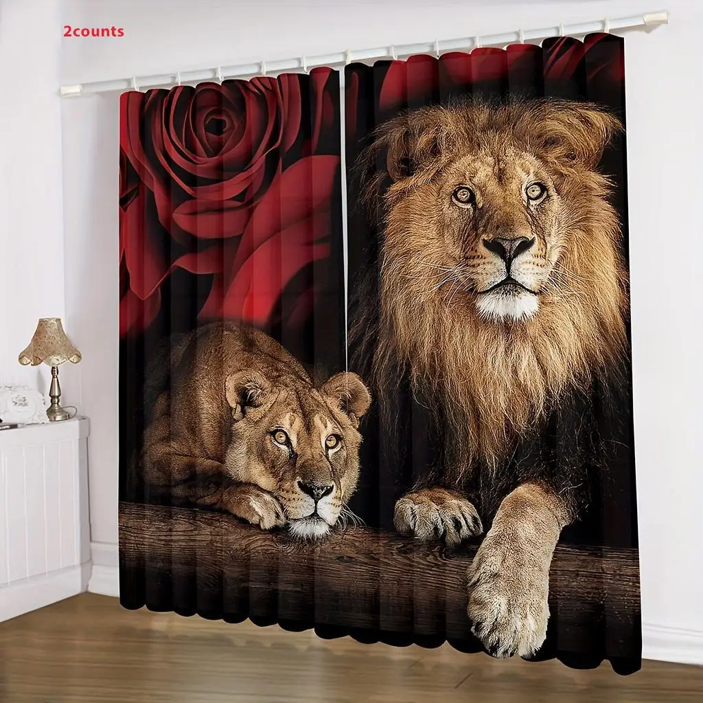Rose & Lion Pattern Curtain, 2 Counts/set Creative Print Curtain, Household Curtains for Bedroom, Living Room, Kitchen, Home Decor, Bedroom Refresh De